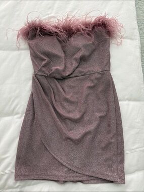 Speechless Dusty Rose Strapless Feather-Trim Mini Dress